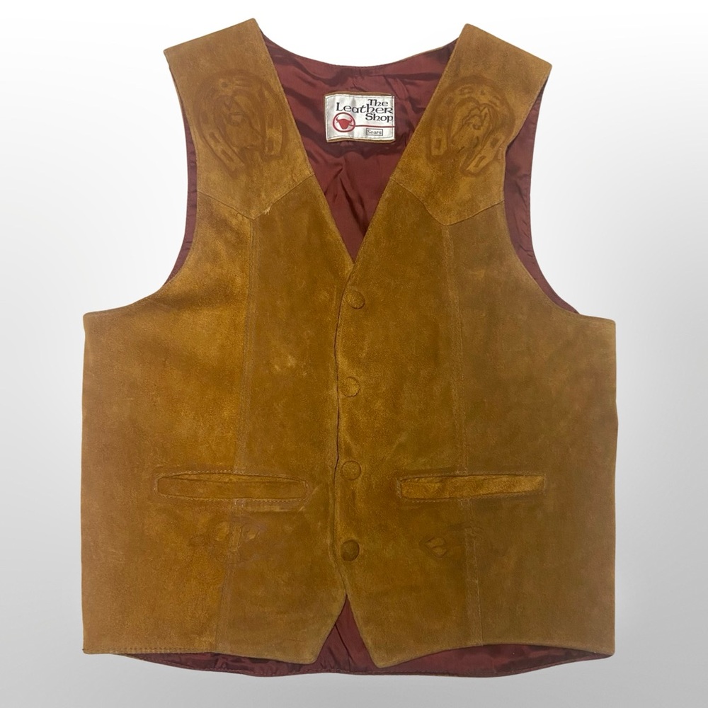 Vintage Sears The Leather Shop Western Leather Suede Vest Medium Horse Cowboy